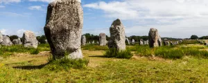 Menhirs de Carnac au milieu d'une prairie verte en Bretagne