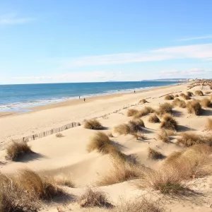 Plage du Grau du Roy et ses oyats avec la mer Méditerranée en fond