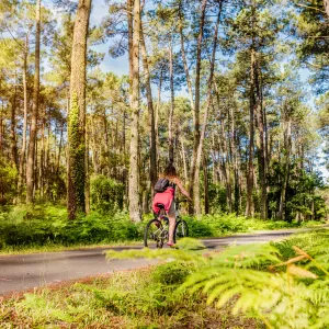 cycliste femme velo deux roues dans les landes la foret de pins fougere et ocean atlantique pour vos vacances lors de votre sejour avec resasol