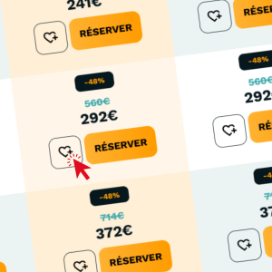 Capture d’écran affichant un bouton d’action carré aux coins arrondis, avec un cœur au centre et un symbole plus (+). Le bouton permet d’ajouter un séjour à sa wishlist Resasol. Une mention indique que l’utilisateur recevra automatiquement sa sélection par email après avoir cliqué sur ce bouton. Le reste de l’interface montre la fiche de séjour détaillé avec options d’hébergement.