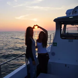 Deux filles formant un coeur avec leurs mains et le soleil au sunset en pleine haute mer pendant leur activité de sortie en bateau