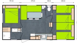 Mobil-home Confort TRIBU 32m² climatización (3 Habitaciones - Terraza cubierta 15m²)